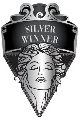A silver and black decorative emblem featuring the words 'SILVER WINNER' on a black banner above a stylized female face, shown on a plain white background.